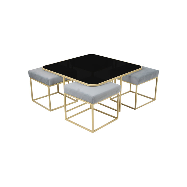 Benton Nesting Black Glass Coffee Table Set With 4 Stools In Gold Finish