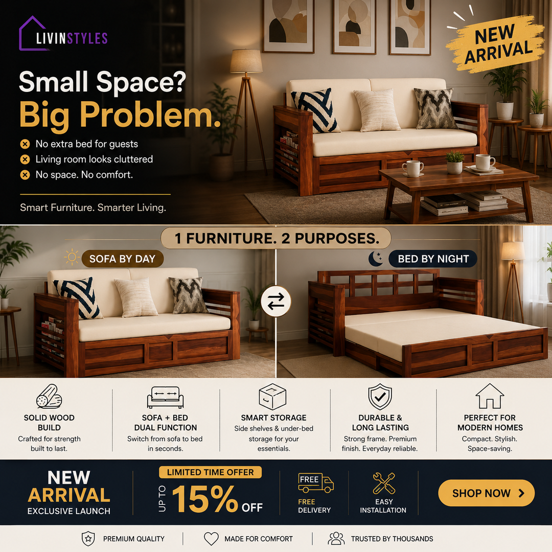 Artem Solid Wood Sheesham Sofa Cum Bed | Solid Wood Sofa Come Bed (Honey Finish)