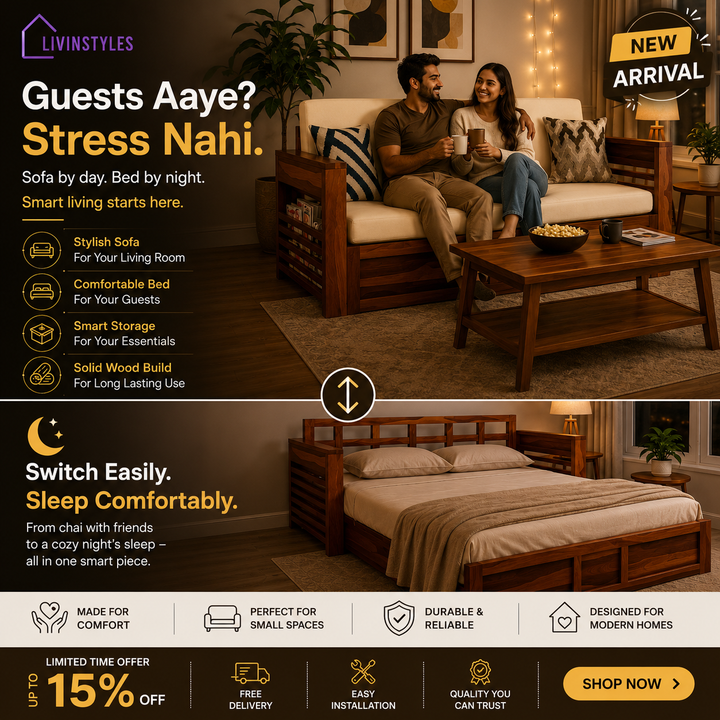 Artem Solid Wood Sheesham Sofa Cum Bed | Solid Wood Sofa Come Bed (Honey Finish)