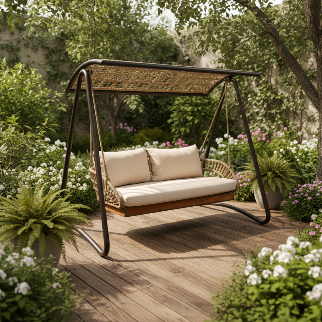 Iñes Double Seater Hanging Swing With Stand For Balcony, Garden Swing (Honey) Braided & Rope