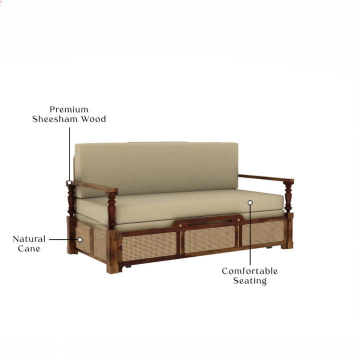 Daan Sheesham Wood 3 Seater Sofa Cum Bed with Cane Weaving & Premium Upholstery