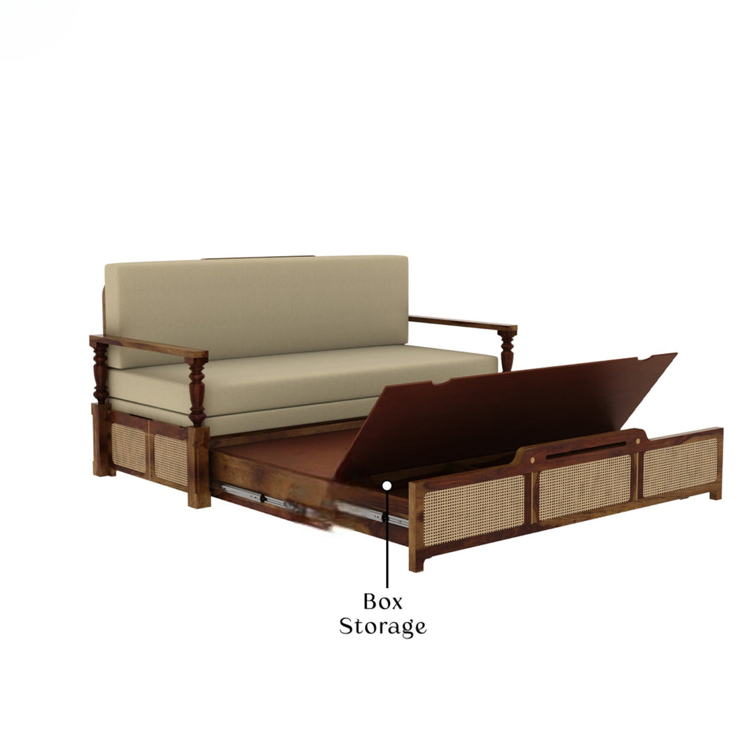 Daan Sheesham Wood 3 Seater Sofa Cum Bed with Cane Weaving & Premium Upholstery
