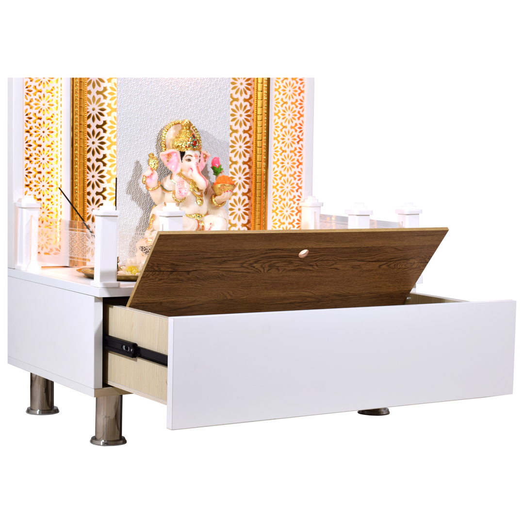 Willow Wooden Designer Mandir for Home In Glossy White Color with Lights