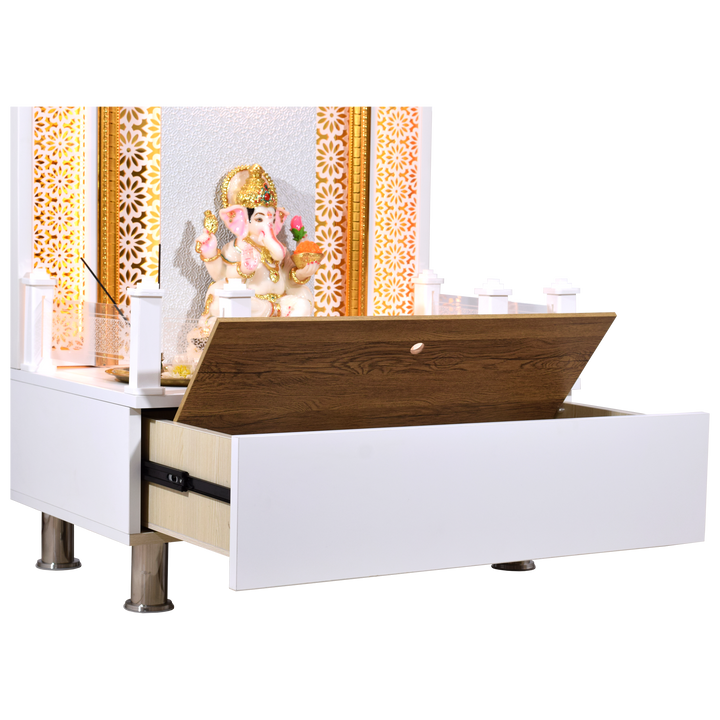 Willow Wooden Designer Mandir for Home In Glossy White Color with Lights
