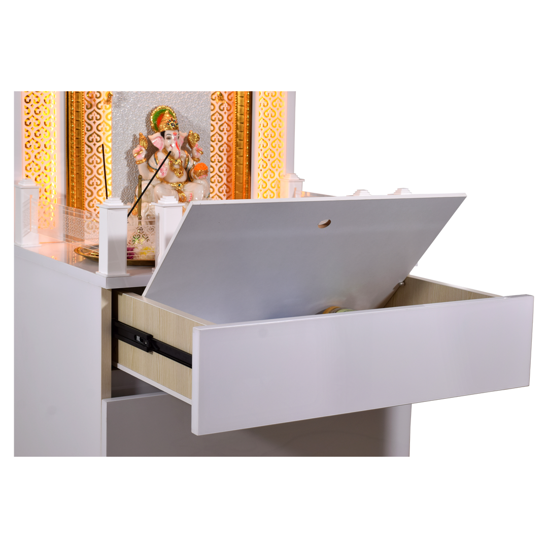 Victoria White Glossy Wooden Pooja Mandir for Flats Home with Storage and Lighting