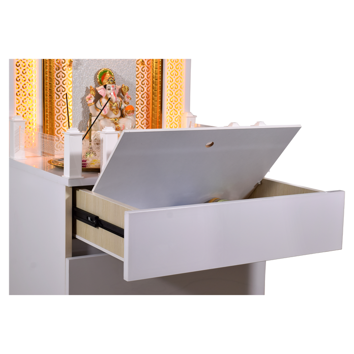 Victoria White Glossy Wooden Pooja Mandir for Flats Home with Storage and Lighting