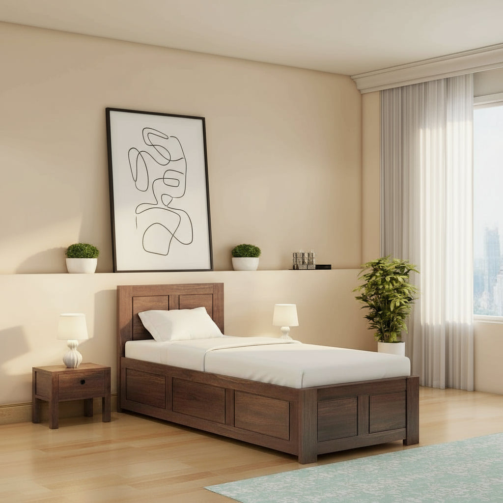 Irma Solid Sheesham Wood Single Bed With Box Storage (Walnut Finish)