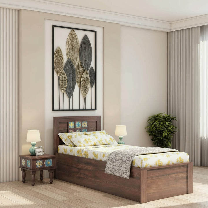 Isabel Solid Sheesham Wood Single Bed With Box Storage (Walnut Finish)