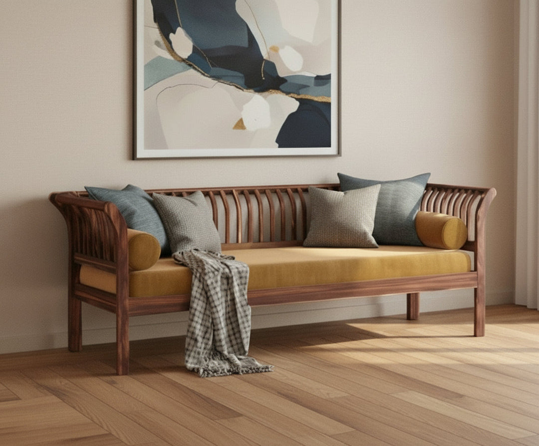 Iván Wooden Sofa 3 Seater - Mustard Yellow