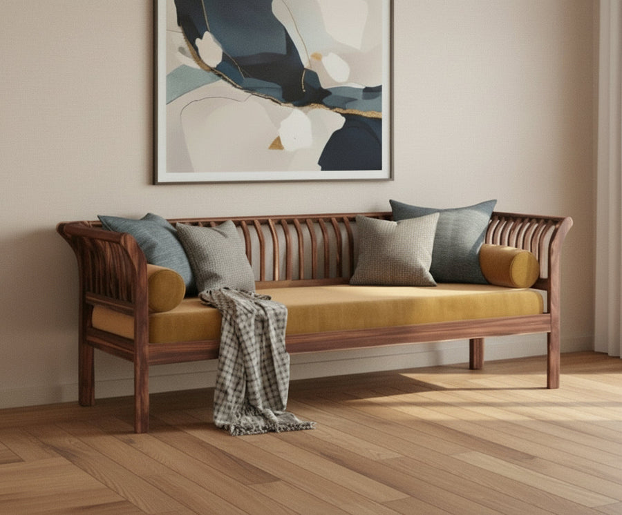 Iván Wooden Sofa 3 Seater - Mustard Yellow