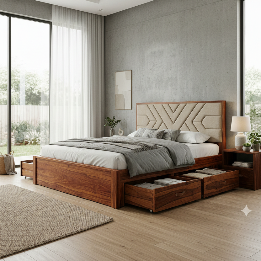 Ivy Premium Sheesham Wood Bed with Fabric Headboard