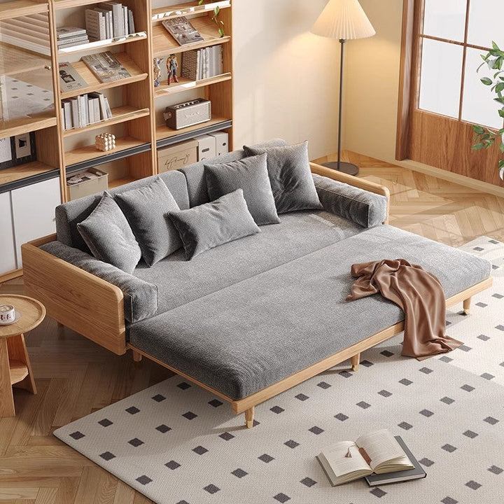 Japandi Solid Wood Frame Sofa Bed 2.37M-93.3INCH / Natural Frame-Grey Chenille Fabric SOFA BED