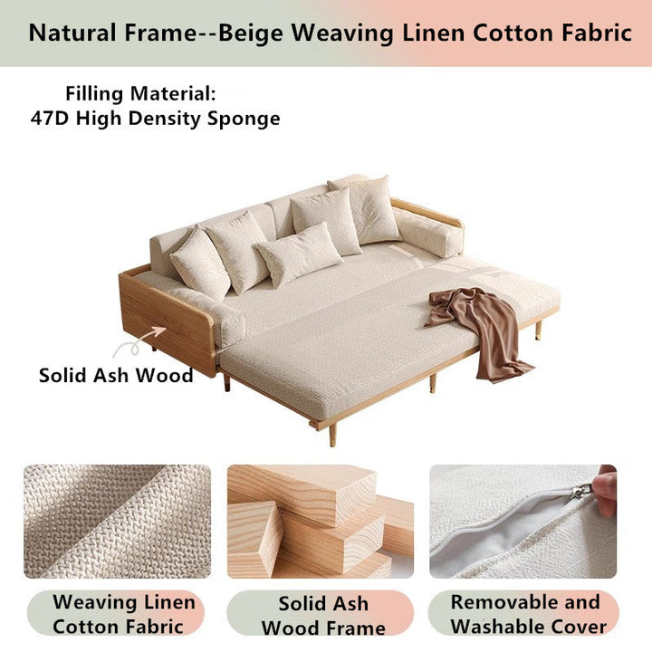 Japandi Solid Wood Frame Sofa Bed 2.07M-81.5INCH / Natural Frame-Beige Weaving Cotton Linen Fabric SOFA BED