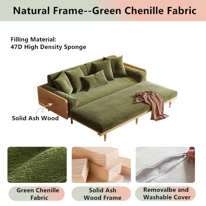 Japandi Solid Wood Frame Sofa Bed 2.07M-81.5INCH / Natural Frae-Green Chenille Fabric SOFA BED