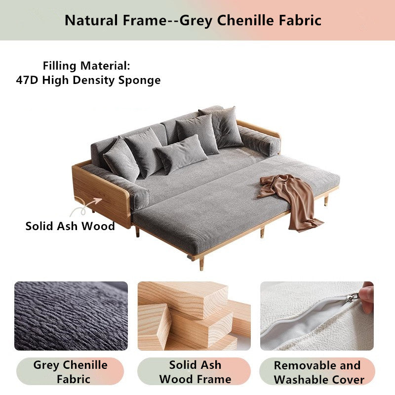 Japandi Solid Wood Frame Sofa Bed 2.07M-81.5INCH / Natural Frame-Grey Chenille Fabric SOFA BED