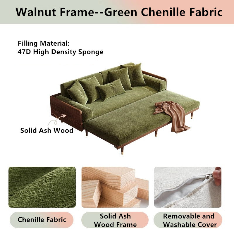 Japandi Solid Wood Frame Sofa Bed 2.07M-81.5INCH / Walnut Frame -Green Chenille Fabric SOFA BED