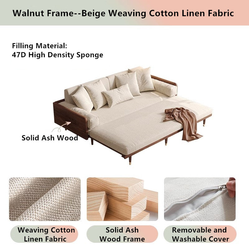 Japandi Solid Wood Frame Sofa Bed 2.07M-81.5INCH / Walnut Frame-Beige Weaving Cotton Linen Fabric SOFA BED