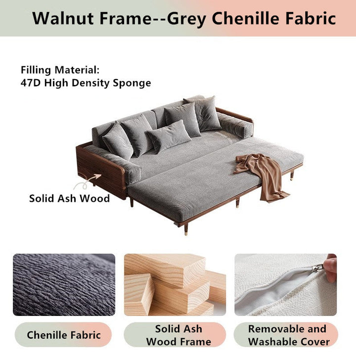 Japandi Solid Wood Frame Sofa Bed 2.07M-81.5INCH / Walnut Frame-Grey Chenille Fabric SOFA BED
