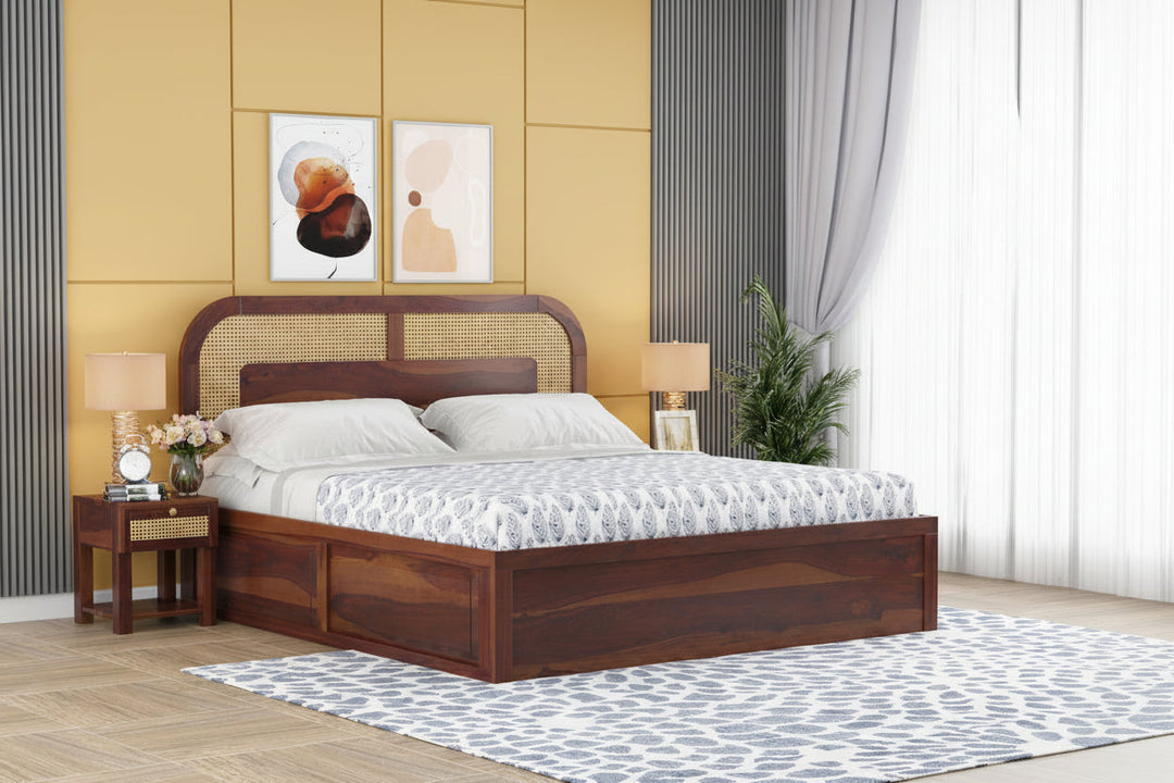 Jay Sheesham Wood Cane Bed With Hydraulic Storage - King Size