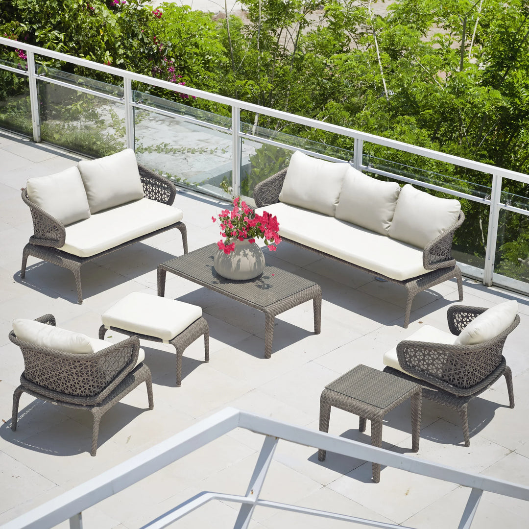 Bart Outdoor Garden Balcony Sofa Set  3 Seater , 2 Seater ,2 Single Seater and 1 Center Table With 1 Side Table and 1 Ottoman Set (Grey)