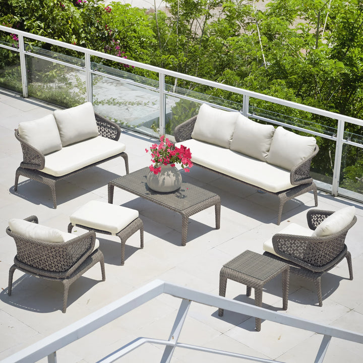 Bart Outdoor Garden Balcony Sofa Set  3 Seater , 2 Seater ,2 Single Seater and 1 Center Table With 1 Side Table and 1 Ottoman Set (Grey)