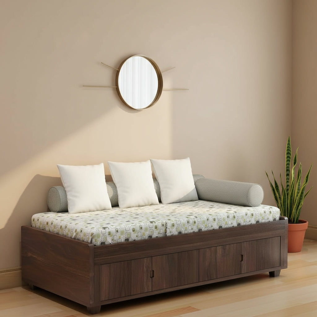 Judith Solid Sheesham Wood Single Bed Cum Day Bed With Door Storage (With Mattress, Walnut Finish)
