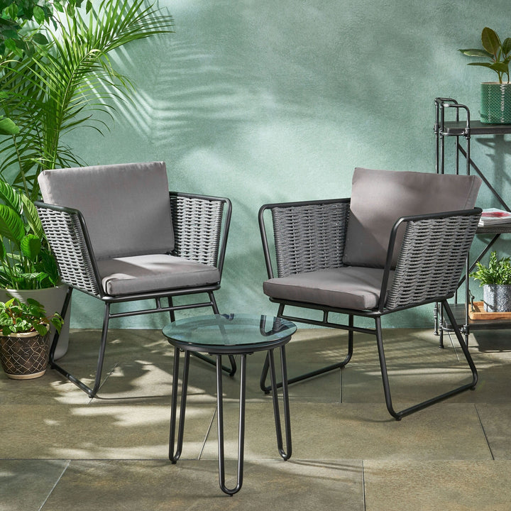 Scat Outdoor Patio Seating Set 2 Chairs and 1 Table Set (Grey) Braided & Rope