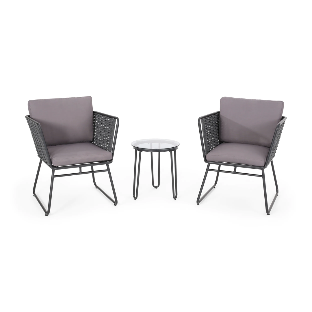 Scat Outdoor Patio Seating Set 2 Chairs and 1 Table Set (Grey) Braided & Rope