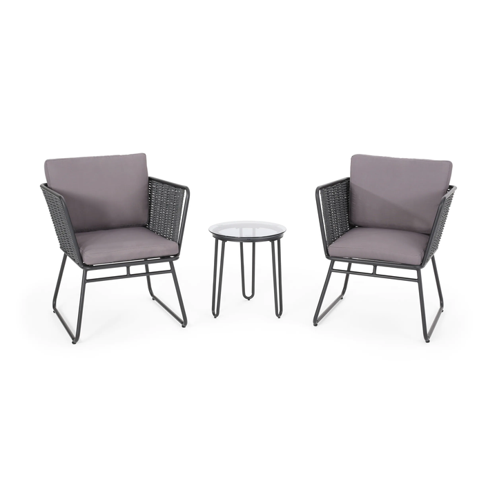 Scat Outdoor Patio Seating Set 2 Chairs and 1 Table Set (Grey) Braided & Rope
