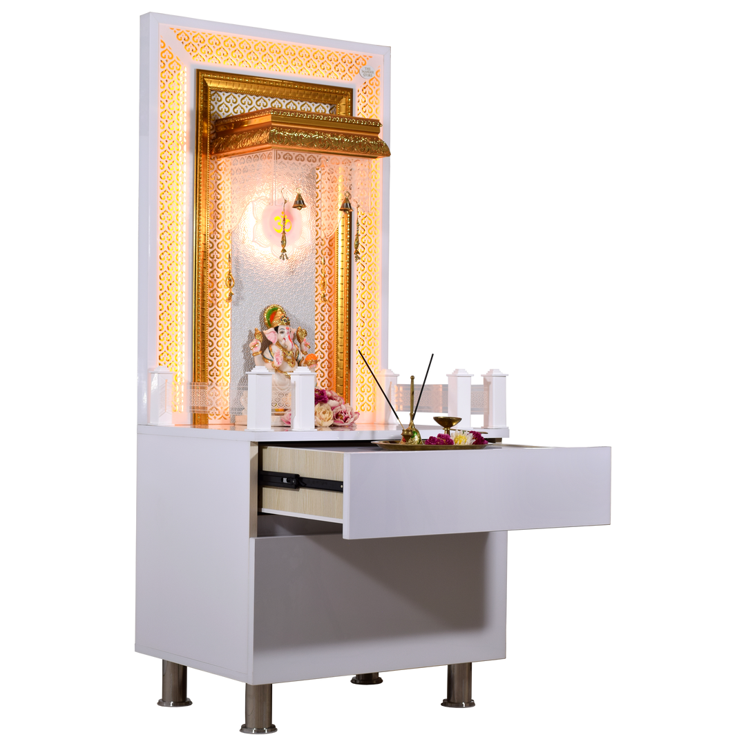 Victoria White Glossy Wooden Pooja Mandir for Flats Home with Storage and Lighting