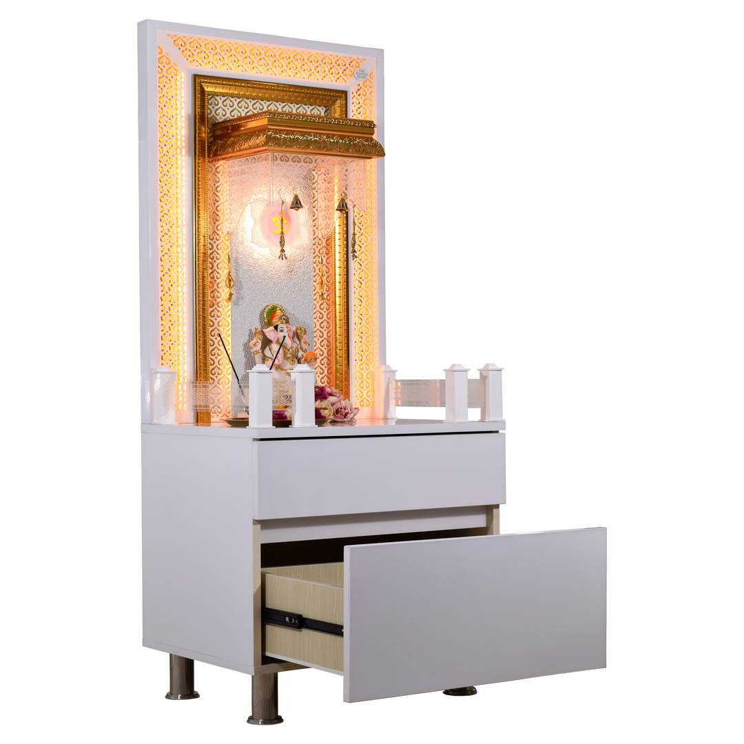 Victoria White Glossy Wooden Pooja Mandir for Flats Home with Storage and Lighting