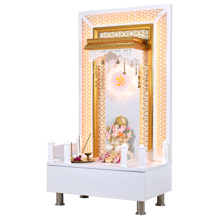 Willow Wooden Designer Mandir for Home In Glossy White Color with Lights