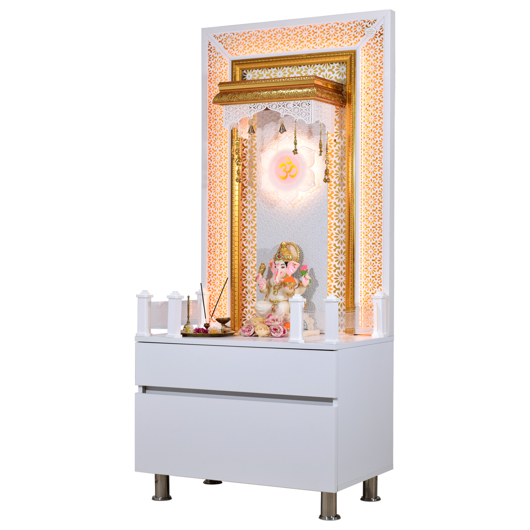 Designer Wooden Mandir for Home with LED Strip Lights and Storage