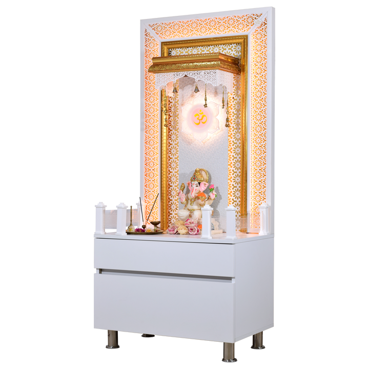 Designer Wooden Mandir for Home with LED Strip Lights and Storage