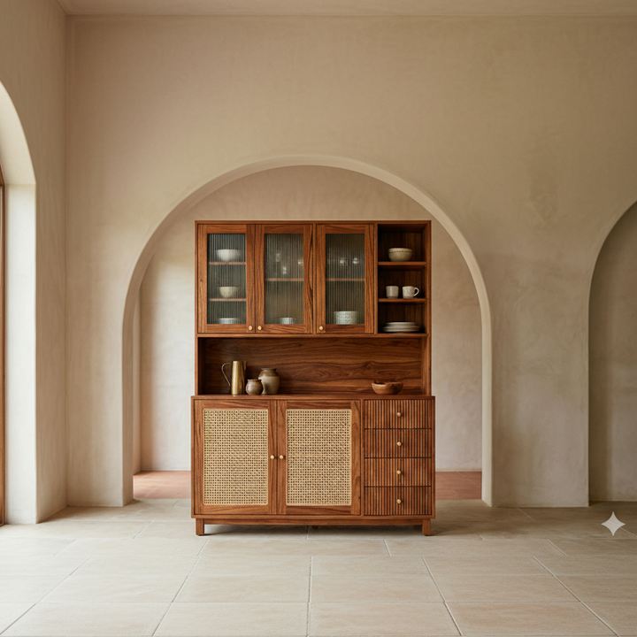 Leo Classic Kitchen Cabinet with Glass Cane Weave (Honey Finish)