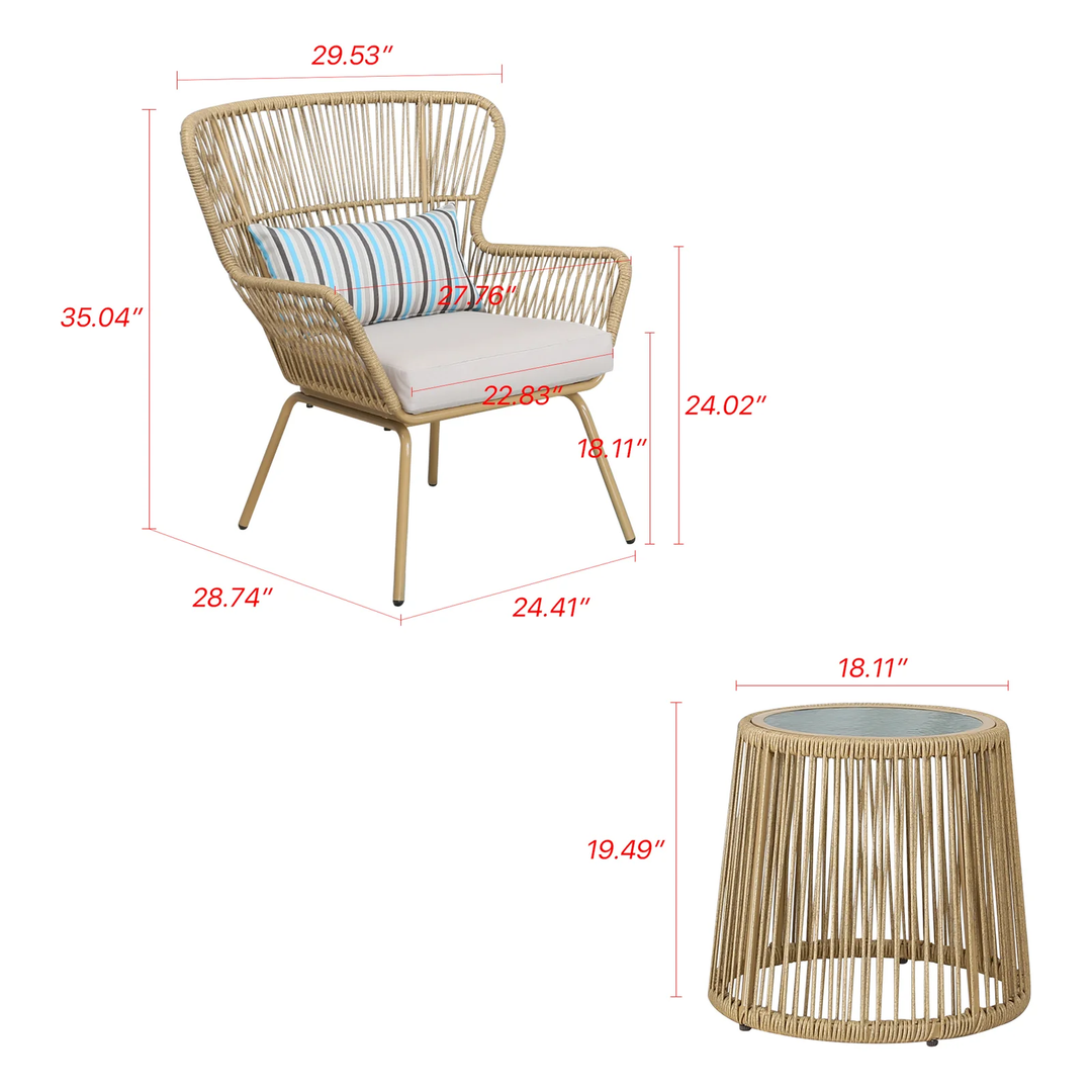 Row Outdoor Patio Seating Set 2 Chairs and 1 Table Set (Khaki)