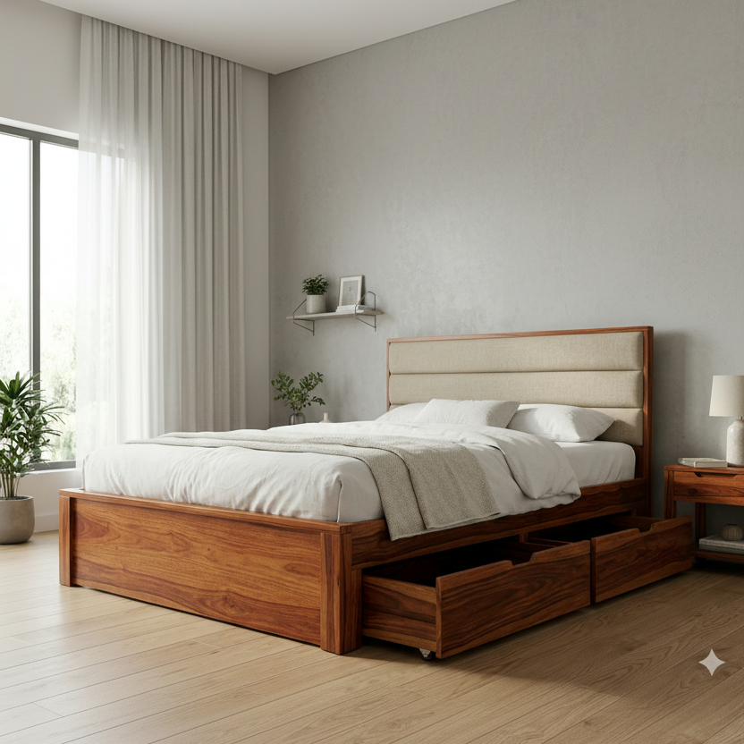 Lila Premium Sheesham Wood Bed with Fabric Headboard