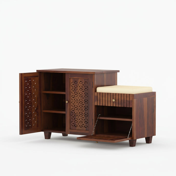 Lorena Sheesham wood shoe rack with seating