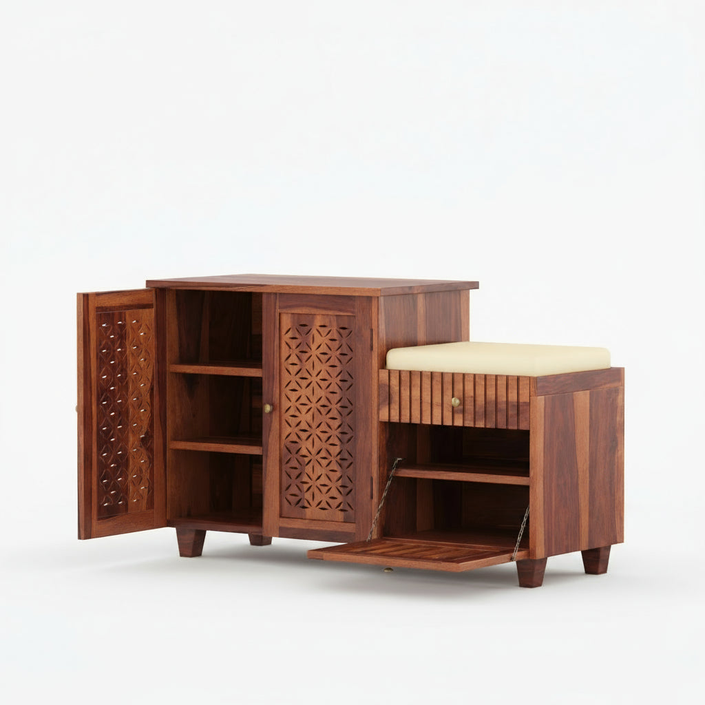 Lorena Sheesham wood shoe rack with seating