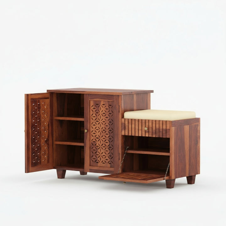 Lorena Sheesham wood shoe rack with seating