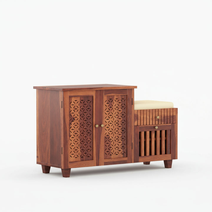 Lorena Sheesham wood shoe rack with seating
