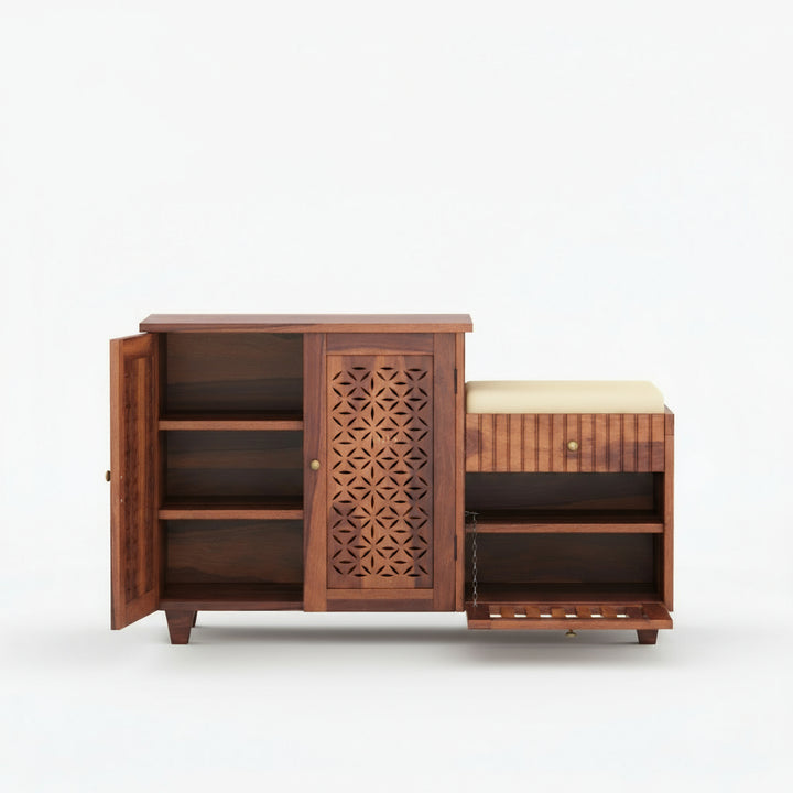 Lorena Sheesham wood shoe rack with seating