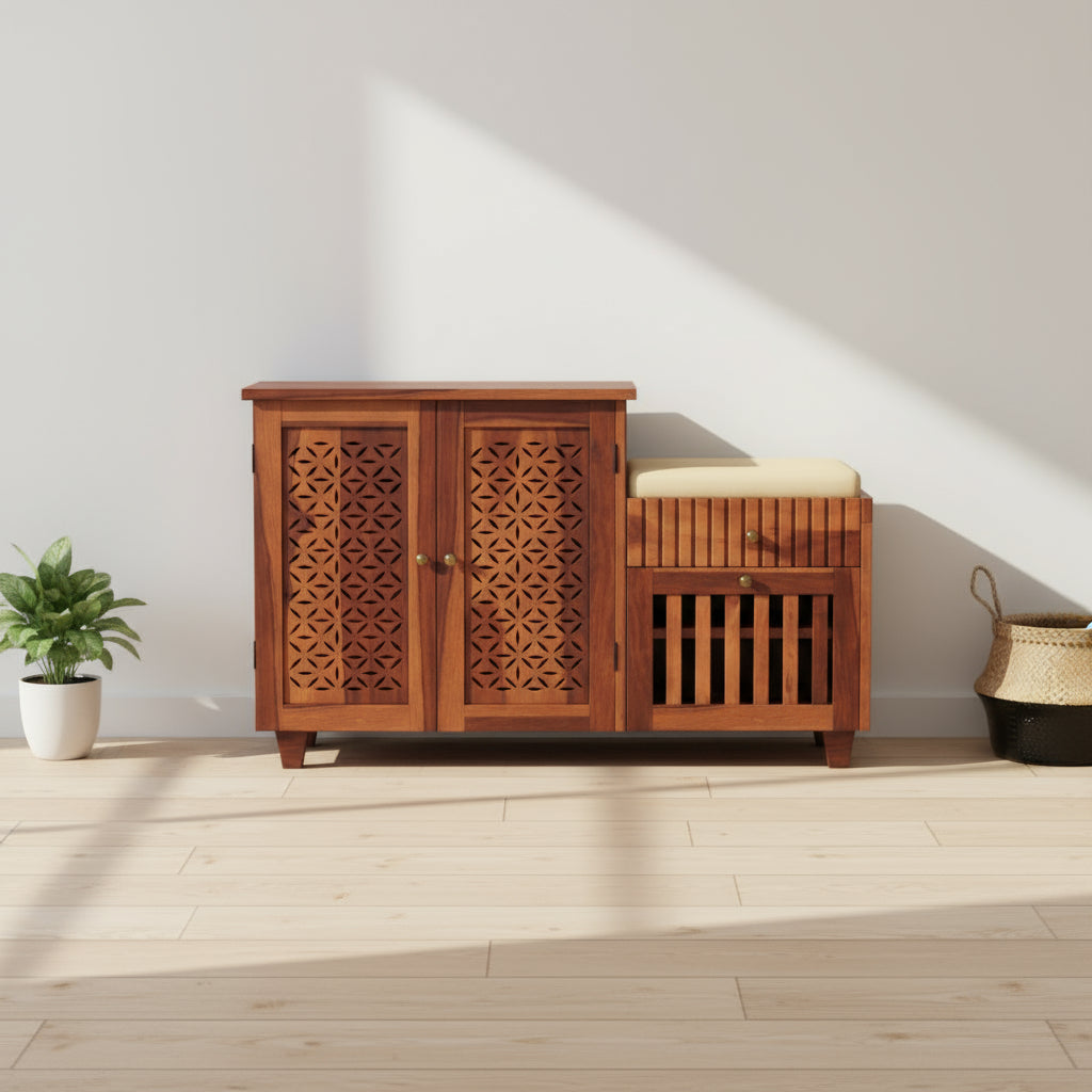 Lorena Sheesham wood shoe rack with seating