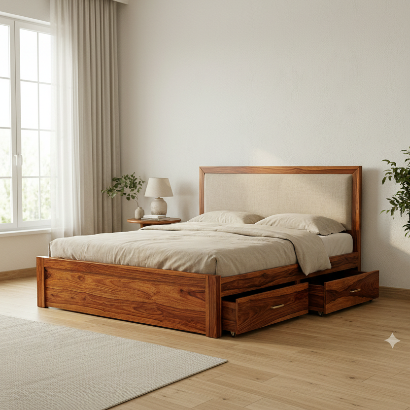 Lottie Premium Sheesham Wood Bed with Fabric Headboard