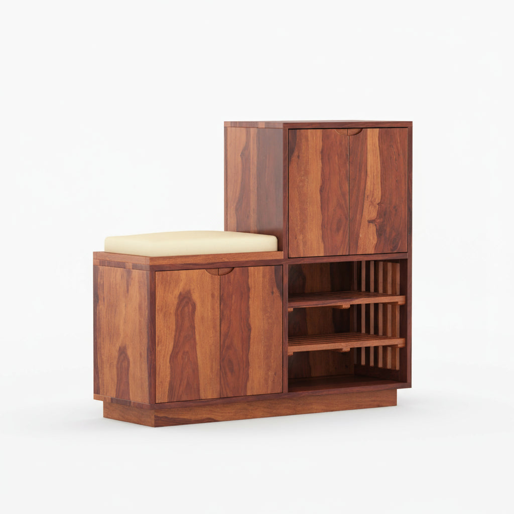 Lucia Sheesham Wood Shoe Rack with Door and Seating