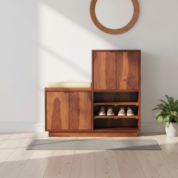 Lucia Sheesham Wood Shoe Rack with Door and Seating
