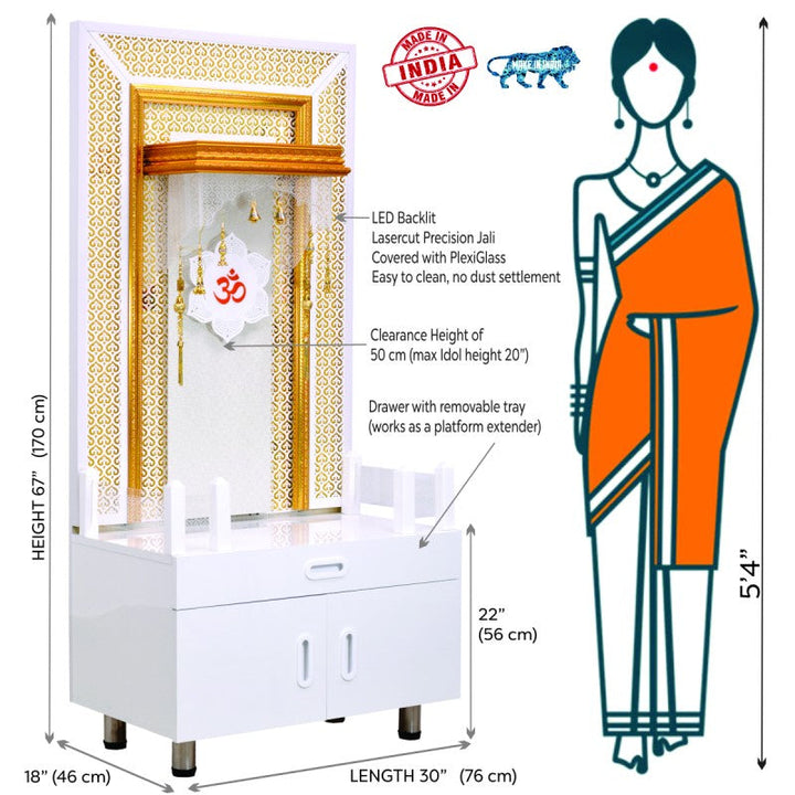Designer Wooden Mandir for Home with LED Strip Lights and Storage