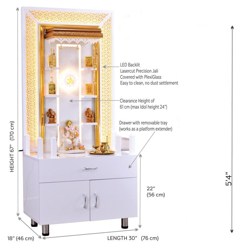 Valeria 5.5' x 2.5' White Gloss Wooden Mandir with Floating Shelves