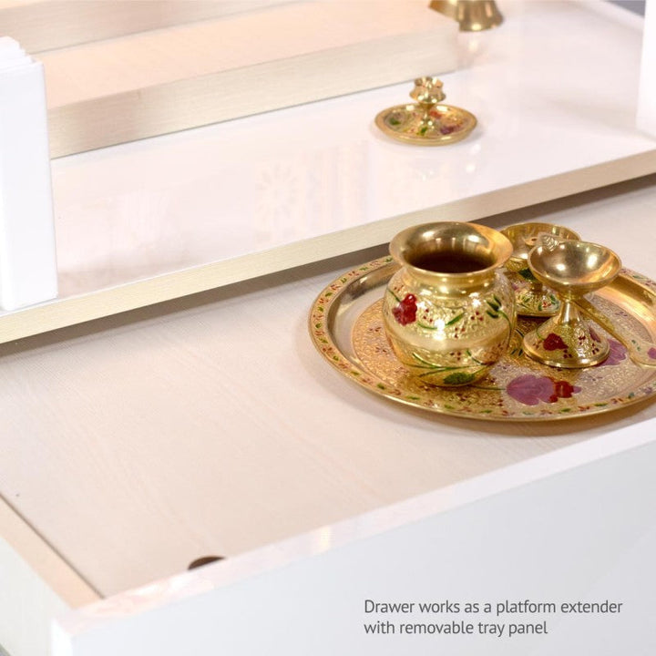 Willow Wooden Designer Mandir for Home In Glossy White Color with Lights