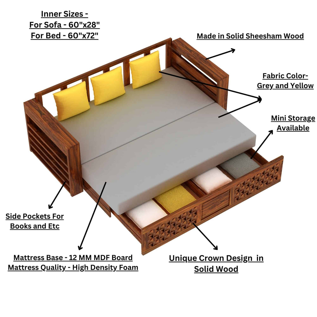 Callie Solid Sheesham Wood 3 Seater Sofa Cum Bed with Mini Storage and Side Pockets